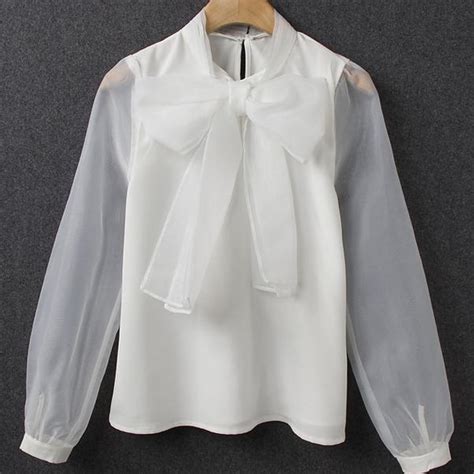 New Arrival Elegant Lady Bow Organza Blouse Stitching White Long Sleeved Shirt In Blouses