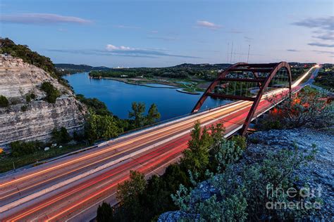 Long Exposure View Of Pennybacker Bridge Over Lake Austin At Twilight