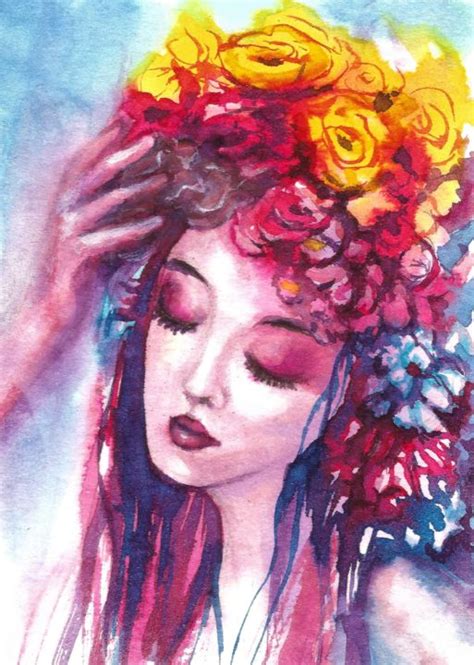 No matter if they love sunny gerberas or an elegant bouquet of roses, our buds will put smiles on faces. Women face flowers Painting by Natalja Picugina | Artmajeur