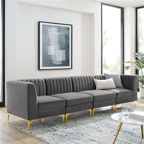 Triumph Gray Channel Tufted Performance Velvet 3 Seater Sofa Las