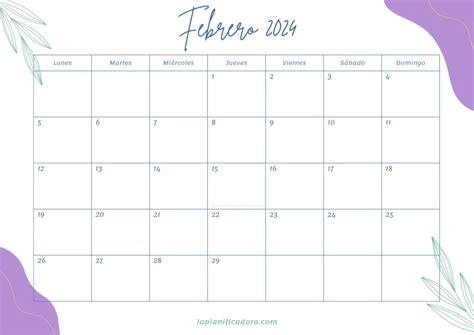 Calendarios Febrero 2024 💜 Para Imprimir