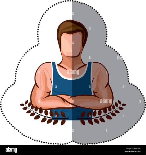 Sticker Crown Leaves With Half Body Muscle Man With Crossed Arms Vector