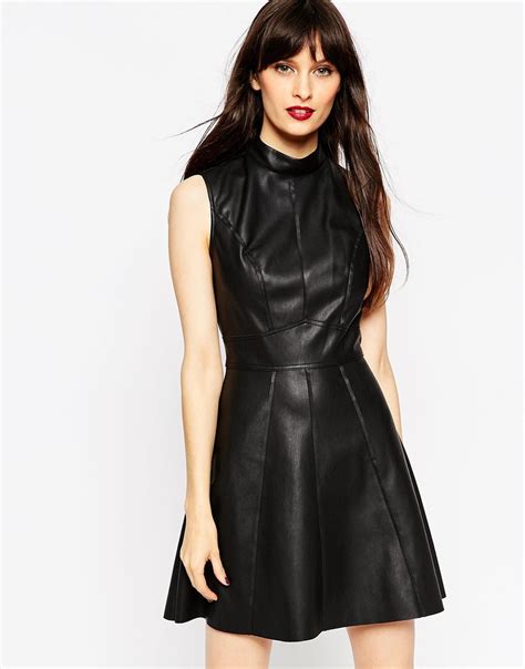 Lyst Asos Skater Dress In Leather Look With High Neck In Black