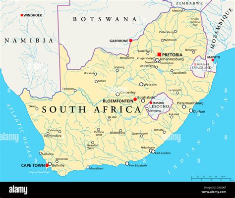 Politische Karte Von Südafrika Mit Kapitellen Kapstadt Pretoria Und