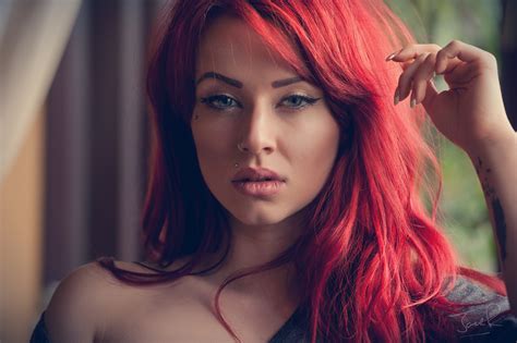 Wallpaper Face Women Redhead Model Nose Rings Long Hair Tattoo