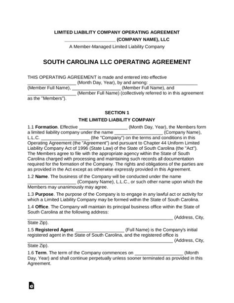 Free South Carolina Llc Operating Agreement Templates Word Pdf Eforms