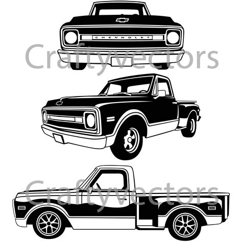 Three Black And White Pickup Trucks With Flatbeds On The Front Back