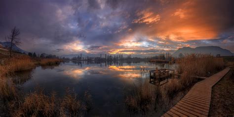 Walkway Dock Lake Grass Sunrise Mountain Trees