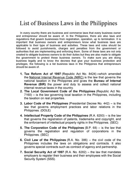 List Of Business Laws In The Philippines In The Philippines There Are Also Laws And