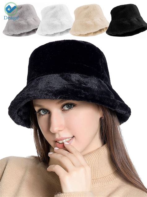 Black 2 Pieces Women Winter Plush Bucket Hats Vintage Smile Cloche Hats