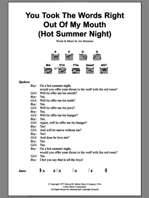You Took The Words Right Out Of My Mouth Hot Summer Night Sheet Music