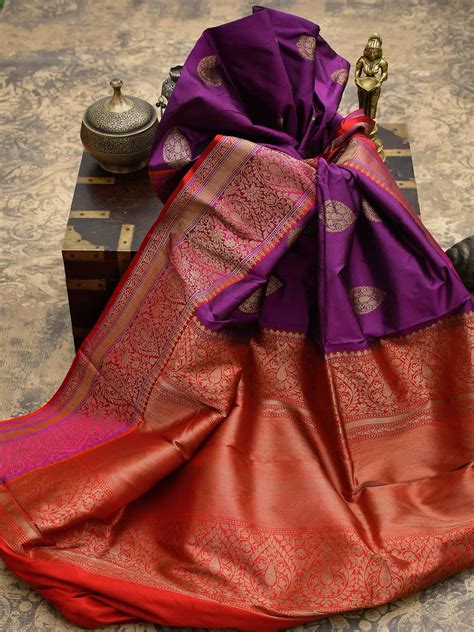Purple Color Contrast Border Antique Zari Pure Katan Silk Banarasi Sar Sacred Weaves Cotton