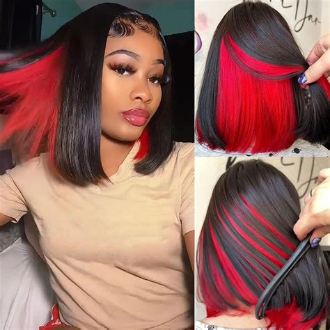 Bob Wigs For Women Red Peekaboo Wig Synthetic Hair Straight Bob Wig Shoulder Length Black With