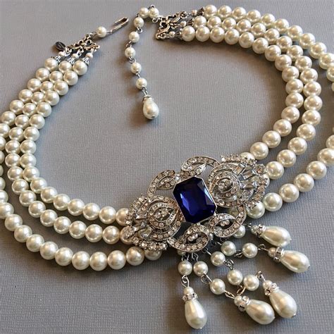 Victorian Pearl Necklace With Backdrop And Brooch In Cobalt Blue Royal