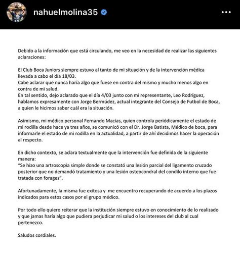 Molina lucero se hizo una artroscopia simple donde se constató una lesión parcial del ligamento cruzado posterior que no demandó tratamiento y una lesión osteocondral del condilo interno que fue. Ameal: «A Molina Lucero lo asesoraron mal» - Diario Xeneize