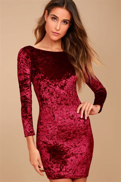 Sexy Burgundy Velvet Dress Long Sleeve Bodycon Dress Lulus