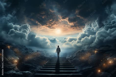 Person Walking Up Stairway To Heaven Through Clouds In The Sky After