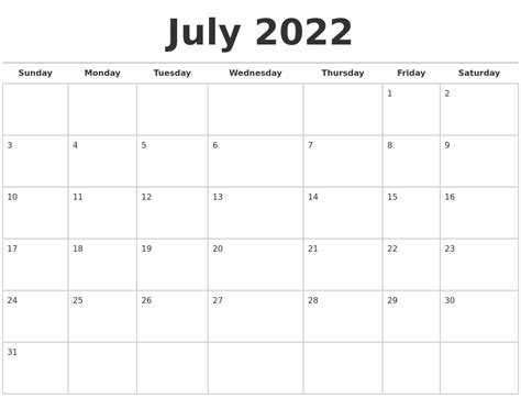 July 2022 Calendars Free