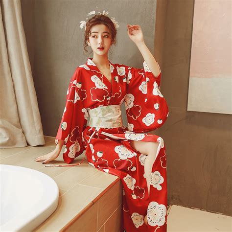 Japanese Girl Geisha Clothing Woman Kimono Dress Split Sakura Print V Neck Sexy Yukata Wedding