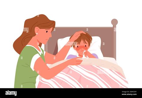 Madre E Hijo Enfermo Con Gripe Fría Fiebre Mal Vector Ilustración