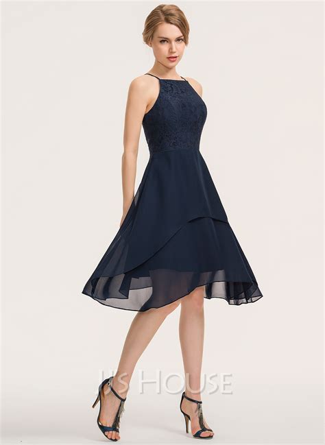 A Line Square Neckline Knee Length Chiffon Lace Homecoming Dress With Cascading Ruffles