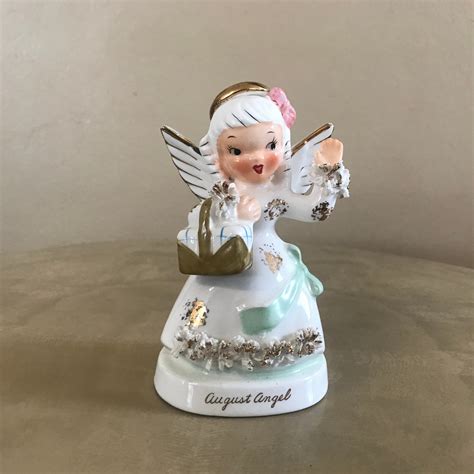 Napco August Birthday Angel Figurine With Spaghetti Trim Birthday Angel