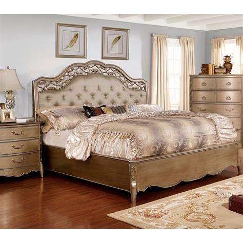 Furniture Of America Darl Traditional Gold Solid Wood Tufted Panel Bed