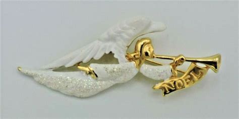3475vintage Signed Ajc Goldtone White Glitter Enamel Figural Angel
