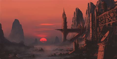 Done And Dusted By Derbz Sunset Mining Colony Alien Planet Landscape