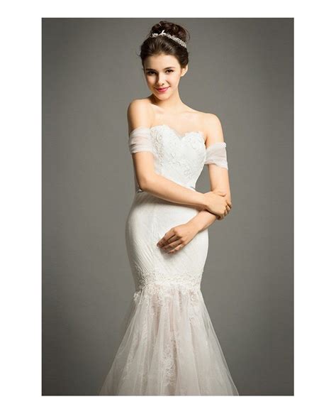 Sexy Mermaid Off The Shoulder Sweep Train Tulle Wedding Dress With Appliques Lace Tz045 300