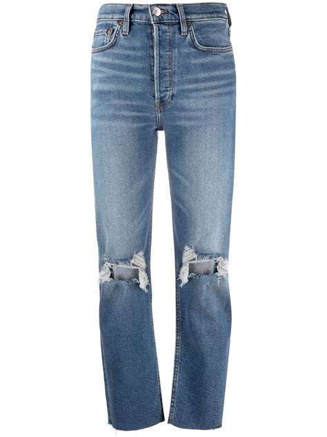 Redone High Rise Stovepipe Jeans With Raw Edge Hem In Blue Modesens