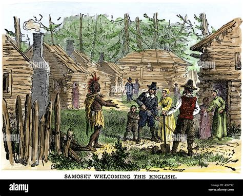 Samoset Welcoming The Plymouth Colonists Massachusetts 1621 Stock Photo