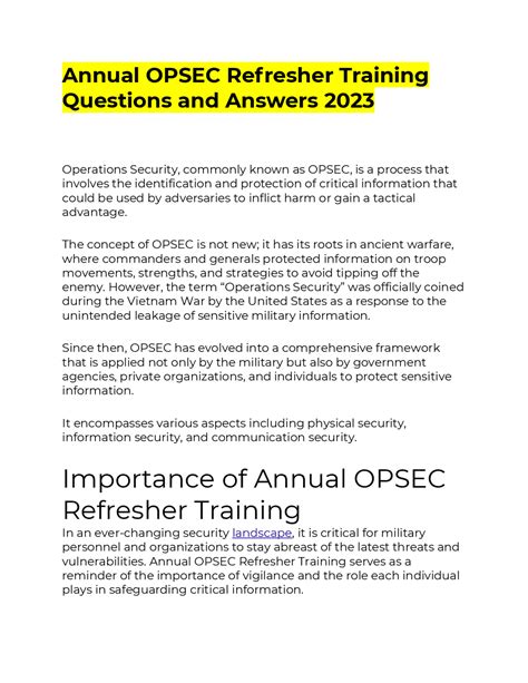 Annual Opsec Refresher Training Questions And Answers 2023 Exams