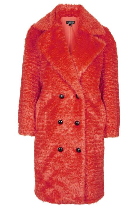 faux fur fluffy longline coat red long coat red faux fur coat topshop outfit