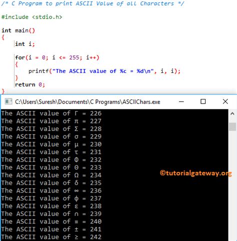 C Program To Print Ascii Value Of All Characters