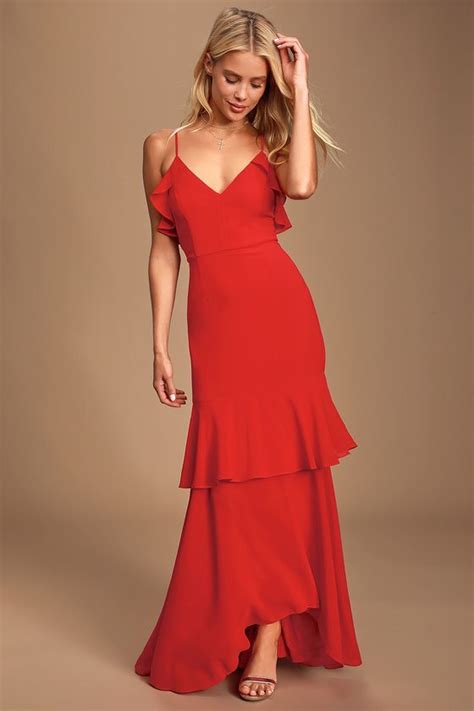 Cherish The Moment Red Ruffled High Low Maxi Dress Dresses