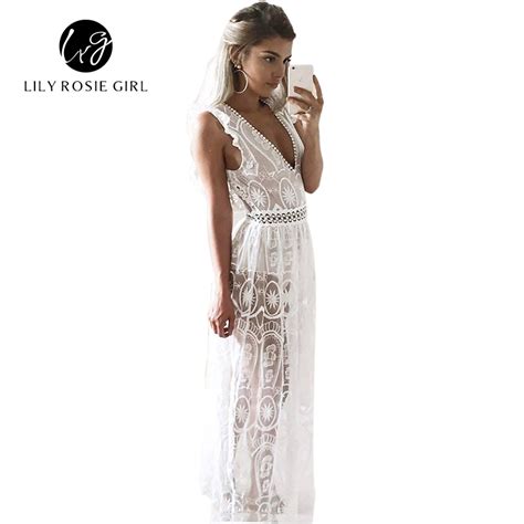 Sexy Hollow Out White Lace Dress Women Spring High Waist Sleeveless