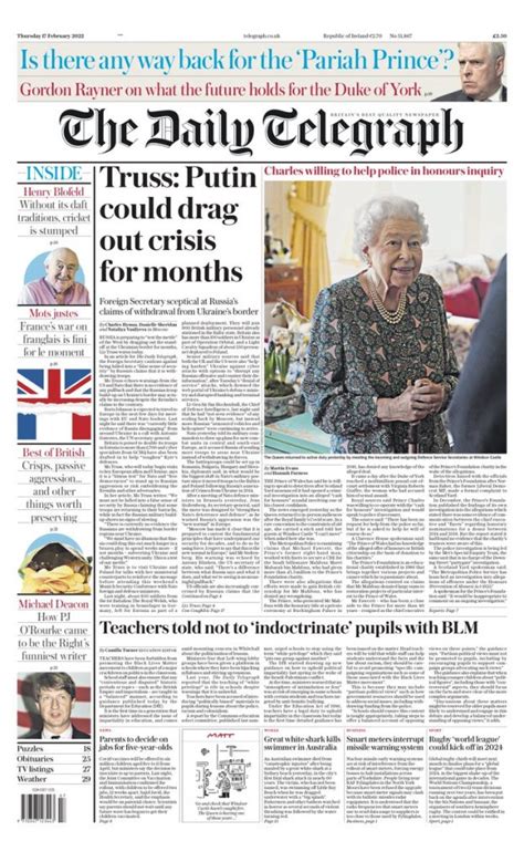 Daily Telegraph Front Page 17th Of February 2022 Tomorrows Papers Today
