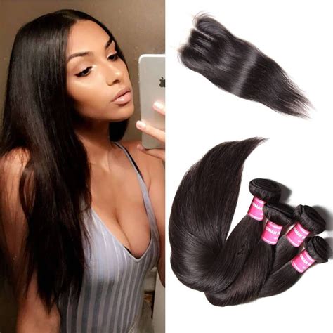 Brazilian Straight Hair 3 Bundles with 4*4 Lace Closure | Brazilian straight hair, Straight ...