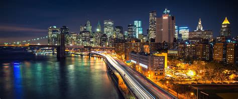 Manhattan Brooklyn Purple Sea River Bridge Cityscape Night Rock Lights