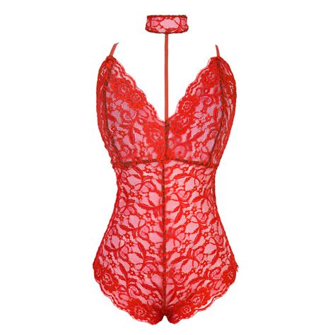 Sexy Red Halter Deep V Floral Lace Bodysuit Teddy Lingerie N