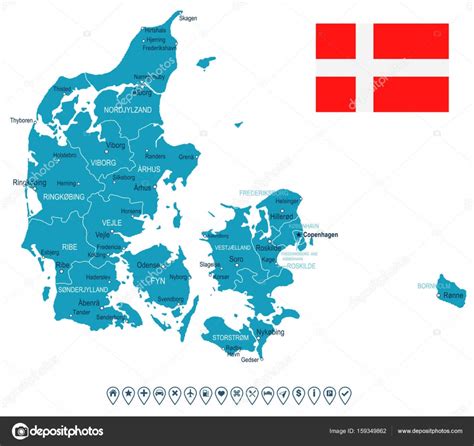 Mapa colocado sobre una base de corcho (foam más ligero), plastificado en veleda (permite escribir y borrar) y enmarcado en aluminio. Dinamarca - mapa e ilustração da bandeira — Vetor de Stock ...