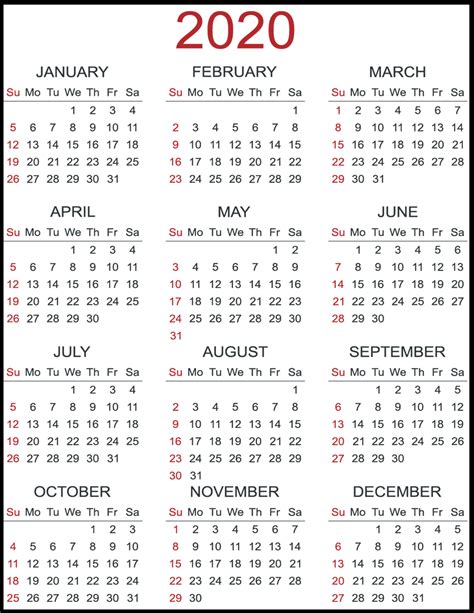12 Month Yearly Blank Calendar 2020 Yearly Calendar Template