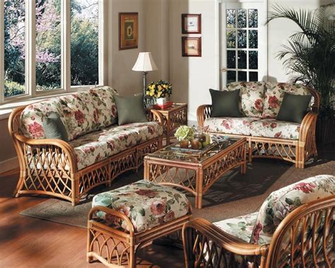Country Living Room With Rattan Sofa And Floral Fabric Sofa Decoration