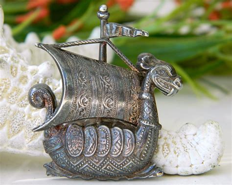 Dragon Viking Ship Sailboat Vintage Figural Pin Brooch Spain Metal