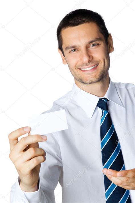 Businessman With Business Card On White — Stock Photo © Gstudio 6390143