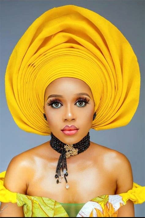 yellow pre tied asooke autogele african headwrap african women headge afrikrea