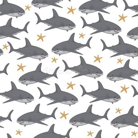 Vector Seamless Pattern With Cute Cartoon Sharks And Finger Fish Stock