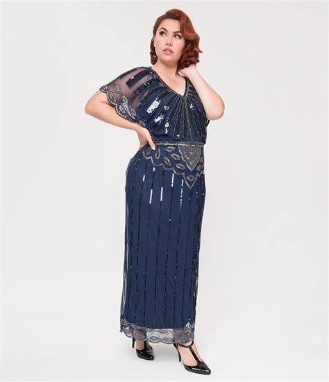 Golden color detail in neckline. Plus Size 1920s Navy Blue Beaded Deco Angelina Maxi ...