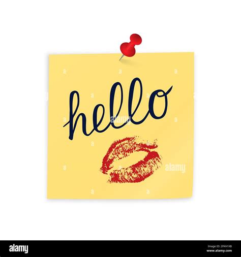 Calligraphy Hand Lettering Hello And Red Lipstick Kiss On Yellow Sticky